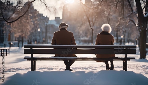 onely old man and old woman on a bench in the city winter park photo