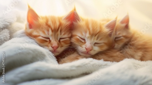 Cute little red kittens sleeps on fur white blanket