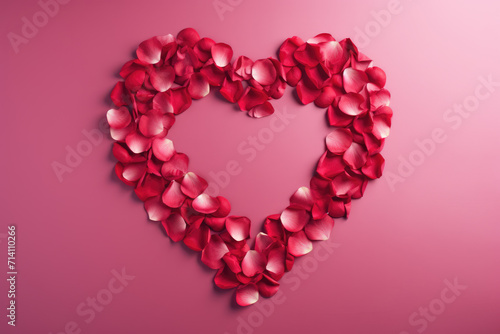 Obraz na płótnie Heart-Shaped Red Rose Petals on Pink Background, Generative AI w salonie