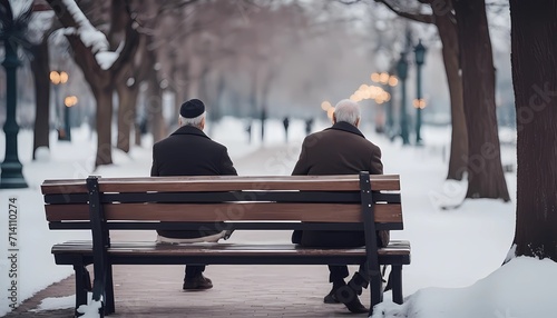 onely old man and old woman on a bench in the city winter park photo