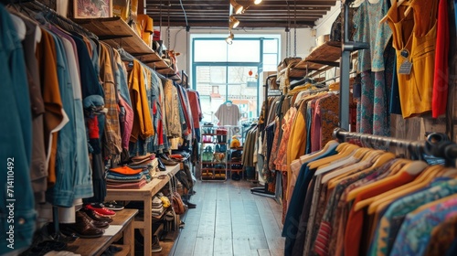A bustling thrift store interior showcasing a diverse array of vintage clothes and accessories, with warm wooden shelving and a cozy ambiance.. photo