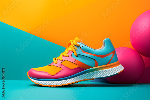 Pair of sport shoes on colorful background.