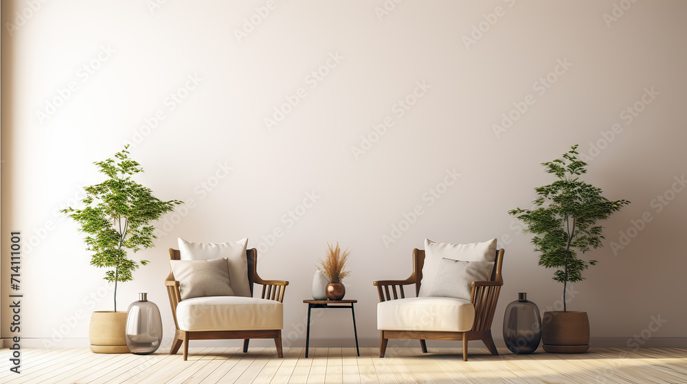 Armchair with pillow, glowing lamp, plant in pot, ottoman and round carpet on floor on gray wall background in living room. Ad blog about real estate and modern interiors, simple scandinavian design - obrazy, fototapety, plakaty 