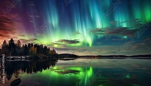 View of night sky with multicolored aurora borealis and snowy mountains peak background. Night glows in vibrant aurora reflection on the lake with forest. 