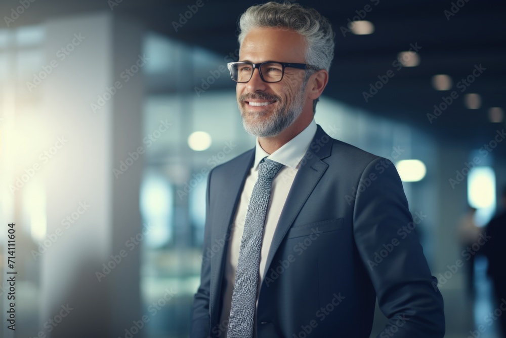 Smiling middleaged CEO using tablet in office.