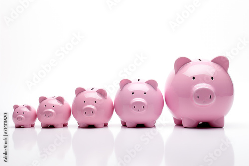 Line Of Large To Small Pink Piggybanks Or Savings Banks To Illustrate Inequality On White Background