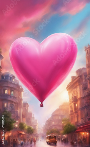 A pink ball in the shape of a heart over the city. Valentine's Day holiday.