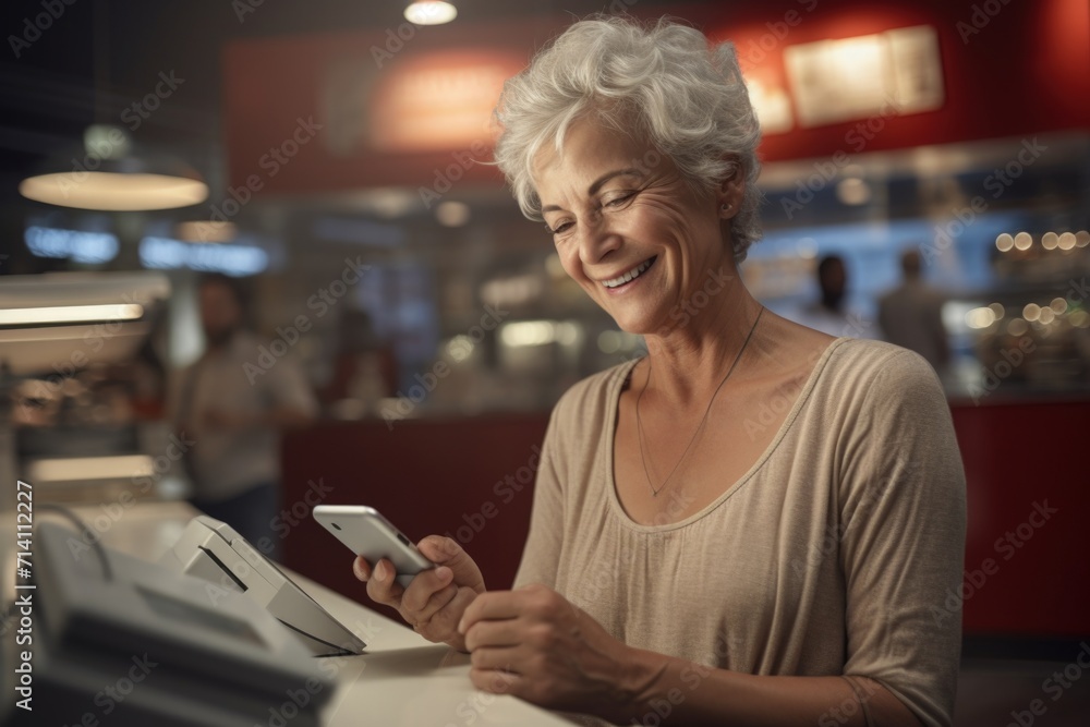Woman paying with smartphone at electronics store. Woman paying with smartphone at electronics store.
