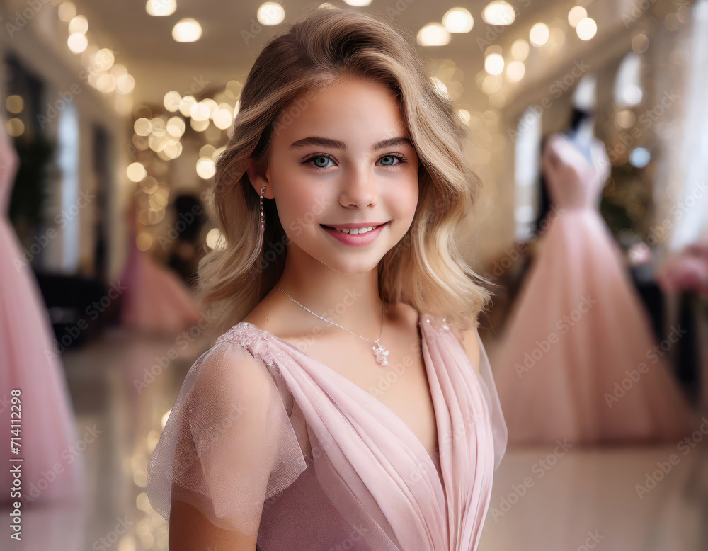 Pretty Teenage Girl Posing in Pink Dress - Fashion Portrait