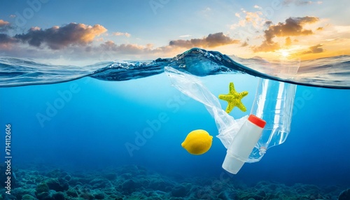 Concept of plastic pollution in the ocean, a plague of our millennium. Image Generated with AI