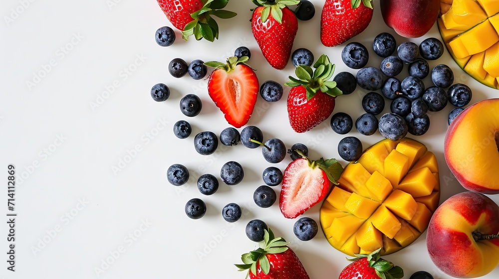 Fresh fruit and berries on white background. Top view, flat lay Fresh fruit and berries on white background. Top view, flat lay