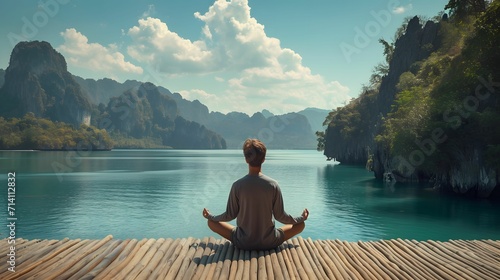 Harmony in Kham Bay - Solo Traveler Man Meditating on a Wood Platform, Embracing Serenity © AgungRikhi