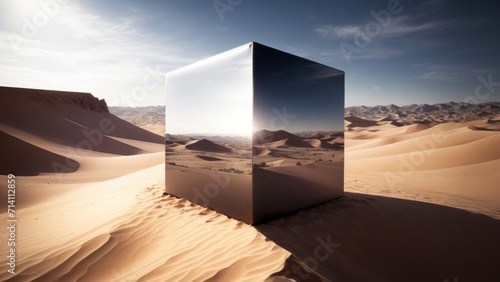 Surreal landscape with a metal cube in the desert, generative, AI