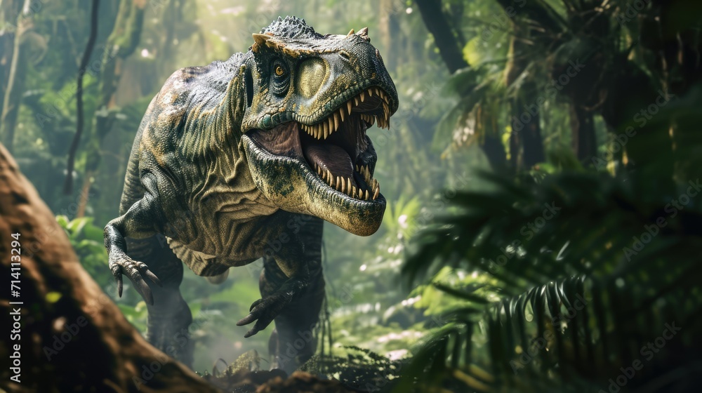 Fototapeta premium Prehistoric dinosaur era. Jurassic period park. Ancient extinct animal. Wild dangerous dino with sharp teeth. Big scary tyrannosaurus tropical jungle. Wildlife many years ago. Powerful predator walk.