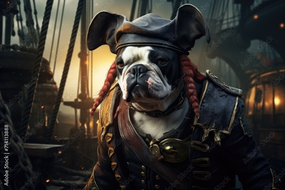 Charismatic dog in pirate suit poses for camera on board