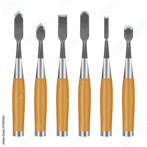 Chisels of various types illustration isolated on white background. Illustration of wood carving tools. Carving tools in various types illustration.