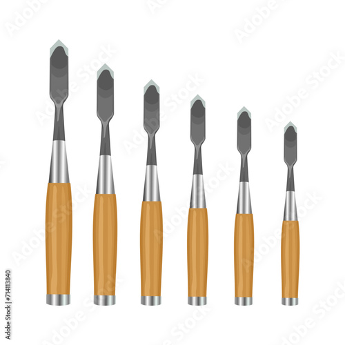 Chisels of various sizes illustration isolated on white background. Illustration of wood carving tools. Carving tools in various sizes illustration.