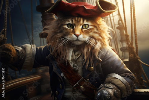 Charismatic cat in pirate suit poses for camera on board