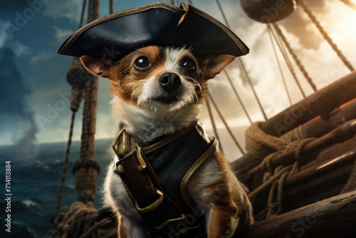 Charismatic cute dog in pirate suit poses for camera on board