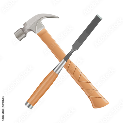 illustration of crossed chisels and hammers isolated on white background. Crossed carving tools and hammer illustration. photo