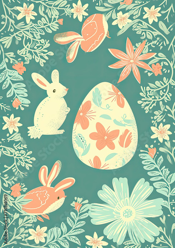 Easter seasonal linocut holiday postcard, craft cheerful pastel retro design