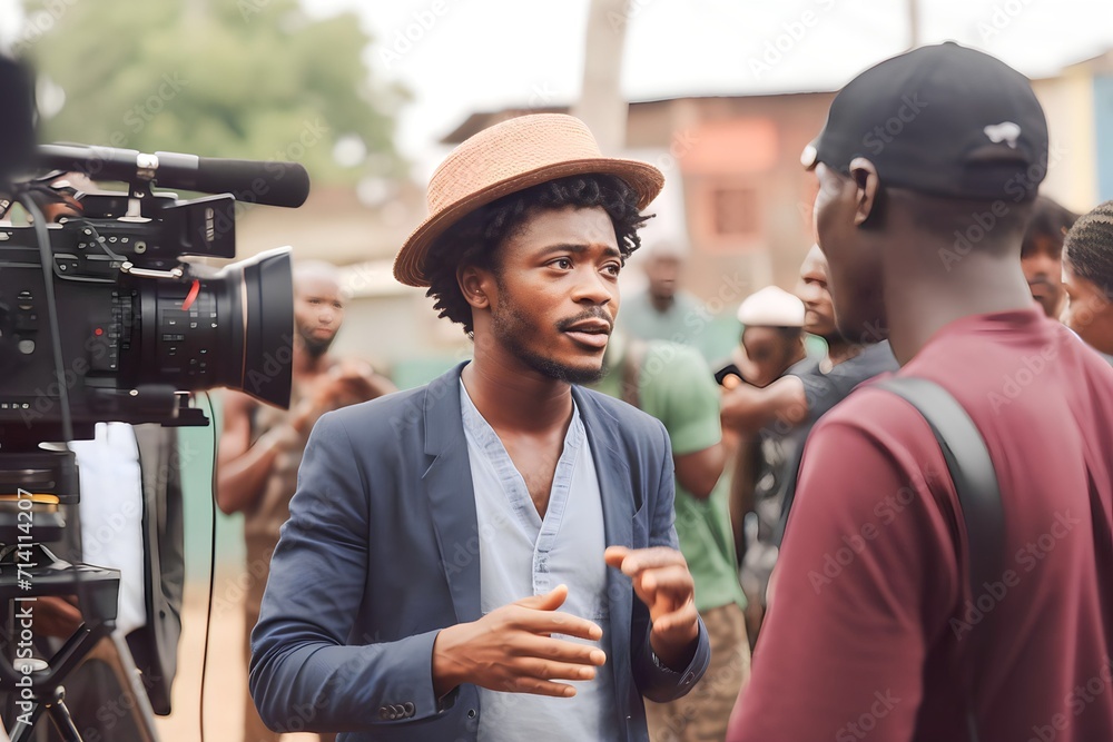 African Actors Interacting with Director may receive directions or instructions for a particular scene - obrazy, fototapety, plakaty 