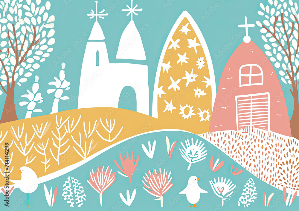 Easter seasonal linocut holiday postcard of cross, dove, eggs, floral elements