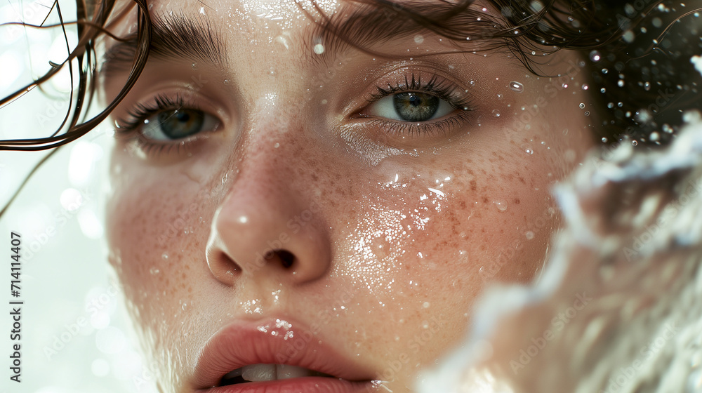 Close-Up of Woman's Face with Water Droplets 