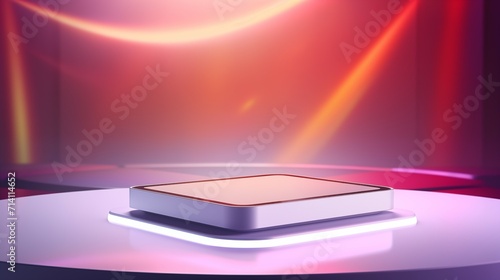 A 3D rendering of a podium with neon lights. 