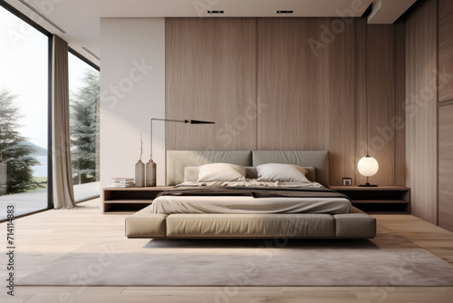 Clean minimal bedroom interior design in cream color with modern bed and decoration © LFK