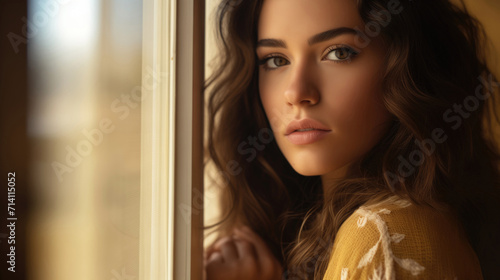 Close-up portrait of a Young Woman by the Window looking at camera