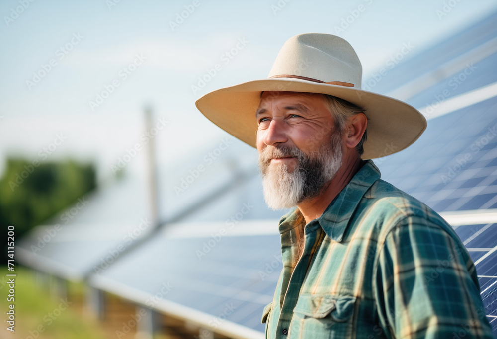 Senior Farmer with a Beard Standing Proudly in Front of Solar Panels on Farm Senior Farmer with a Beard Standing Proudly in Front of Solar Panels on Farm