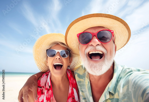 Senior couple taking a selfie in a idyllic sandy beach