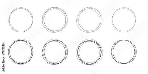 Collection of vector monochrome isolated round frames with crossed lines in doodle style for designs