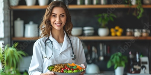 A female doctor nutritionist holding a bowl with a healthy vegetable salad photo