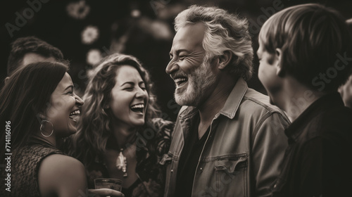 A candid photograph capturing a moment of laughter and connection between friends at a gathering, a scene that radiates the warmth and joy of their bond.