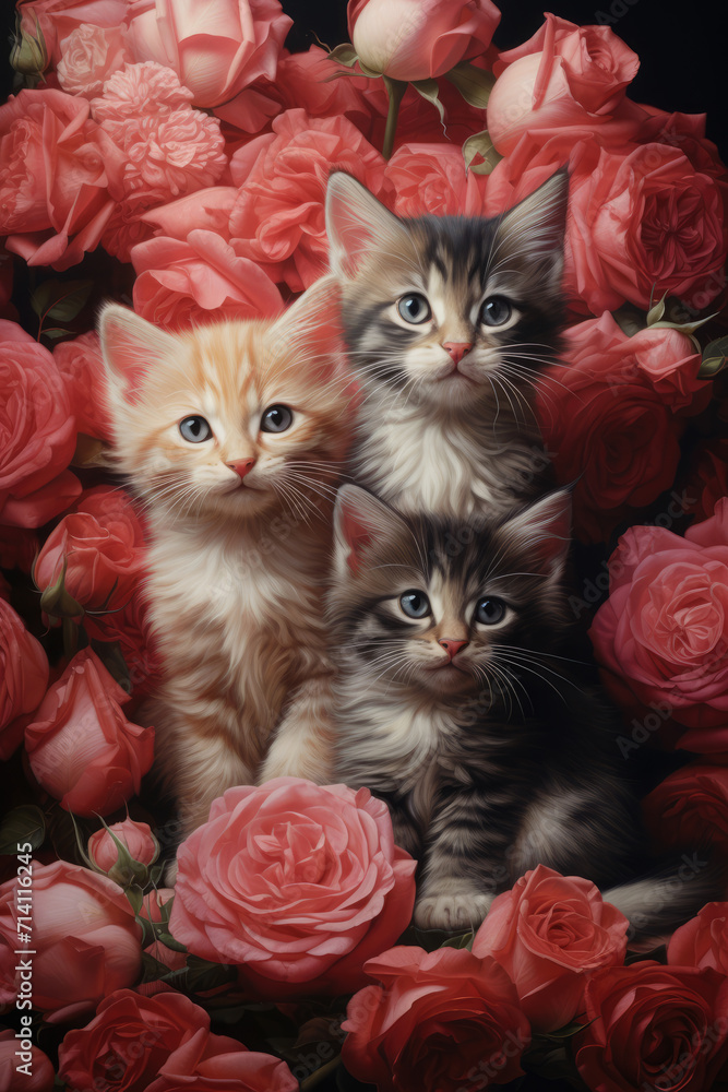Three Cute Kittens Surrounded by Roses for Valentine's Day, Generative AI