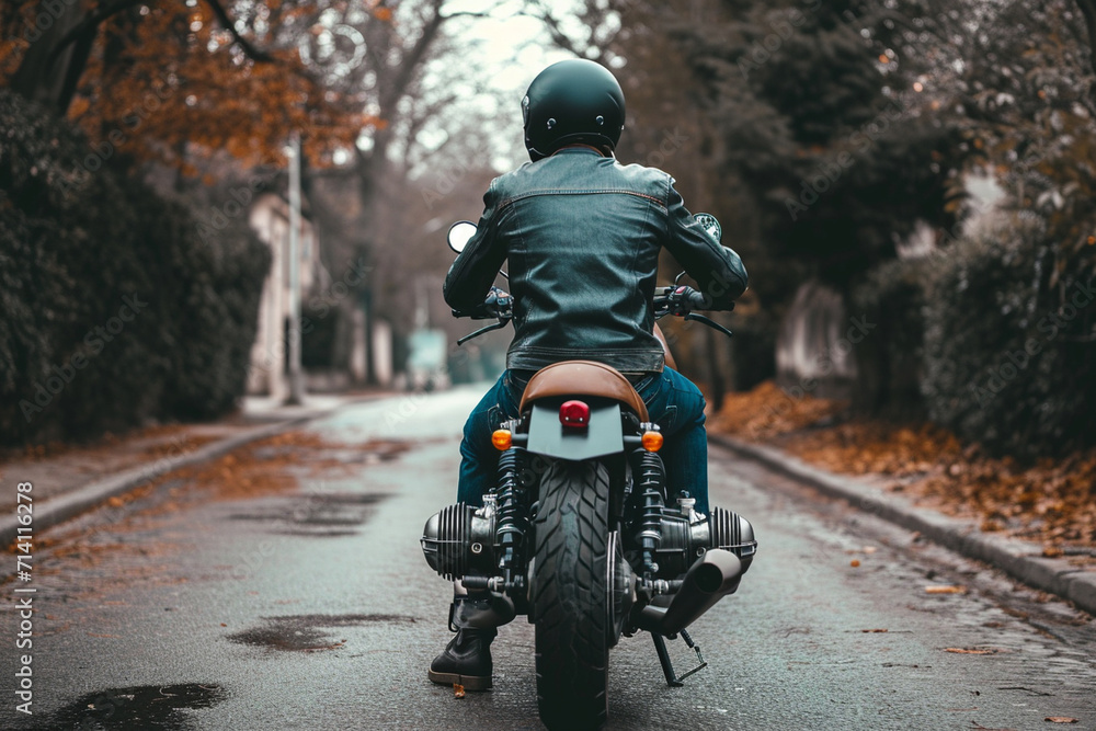 motorcycle and man sitting on it,looking back motorcycle and man sitting on it,looking back