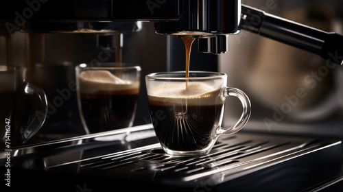 Espresso pouring into a glass, rich crema, coffee machine in action