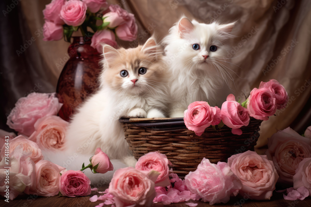 Fluffy Kittens and Pink Roses Valentine, Generative AI