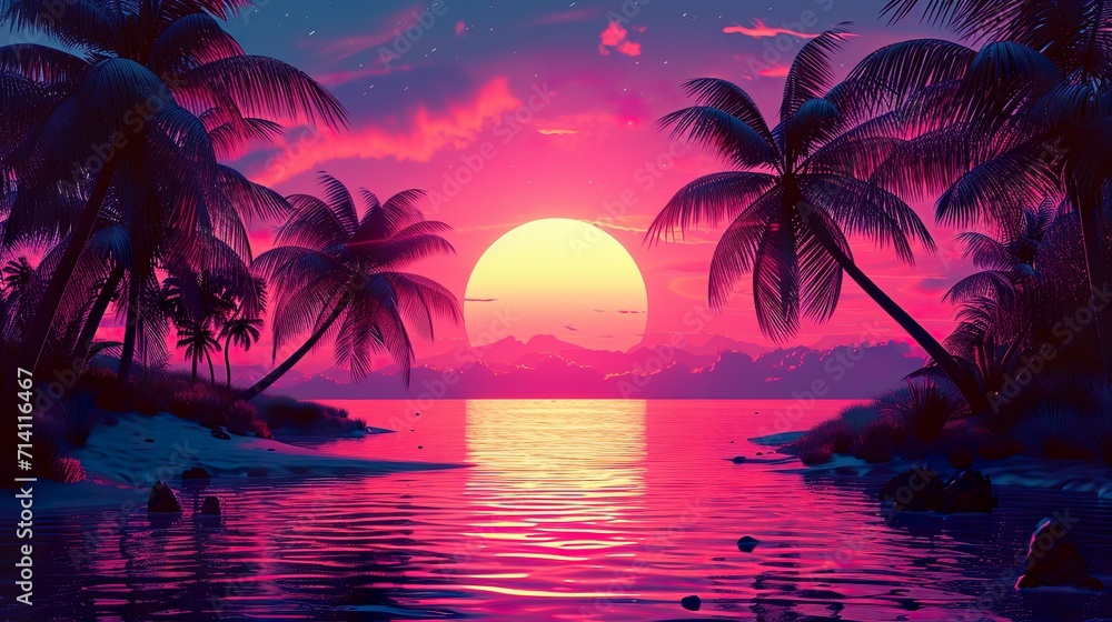 Sunset on the beach 80's retro made with Ai generative technology