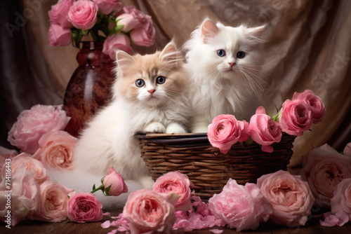 Obraz na płótnie Fluffy Kittens and Pink Roses Valentine, Generative AI w salonie