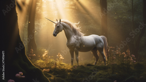 A enchanting photo of a majestic unicorn in a mystical forest, radiating an otherworldly aura, with the forest bathed in soft, magical light, adding to the sense of wonder.