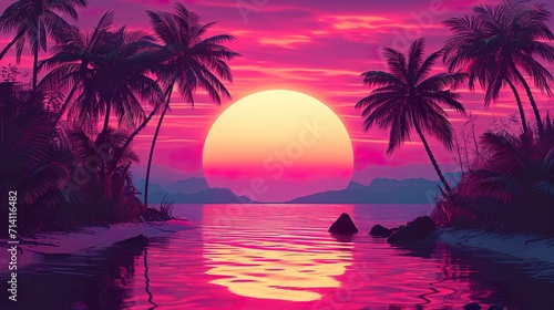 Sunset on the beach 80's retro made with Ai generative technology © Jixster