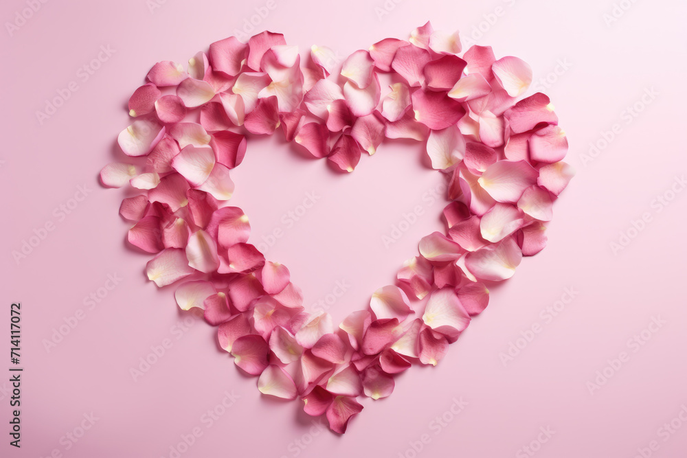 Heart-Shaped Light Pink Rose Petals on Pink Background, Generative AI