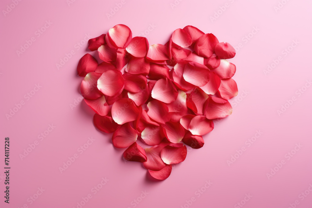 Heart-Shaped Red Rose Petals on Pink Background, Generative AI