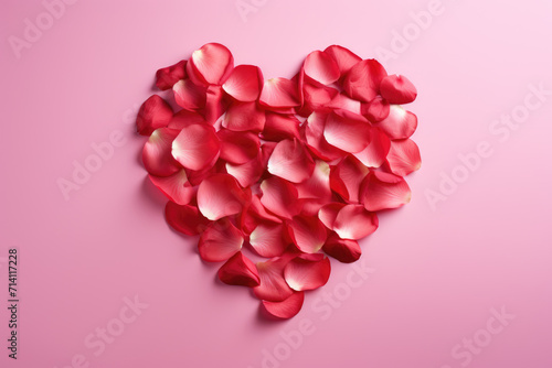 Obraz na płótnie Heart-Shaped Red Rose Petals on Pink Background, Generative AI w salonie
