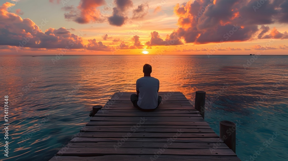 Sunrise Serenade - Solo Traveler Man Embracing Tranquility on a Pier near a Coral Reef