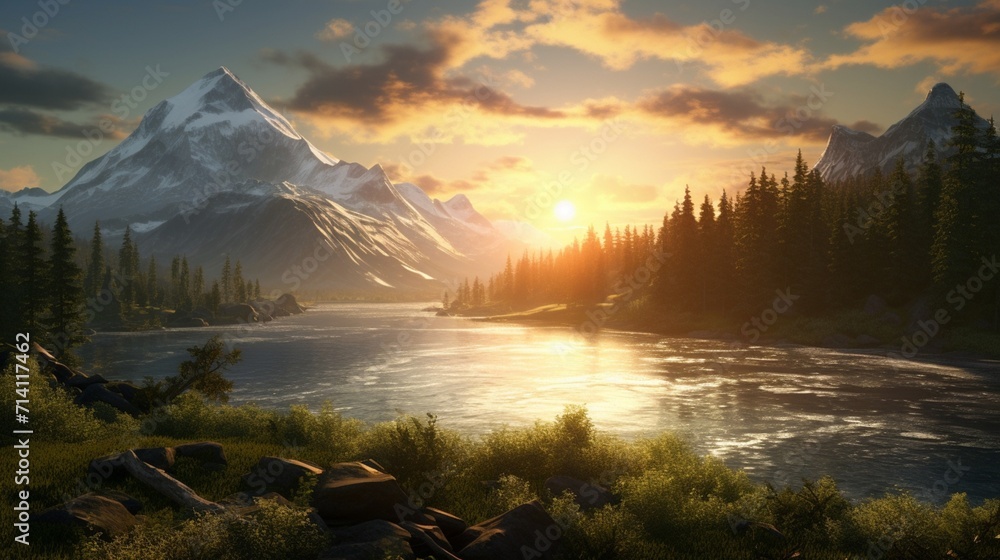 the sun casting its warm glow over a breathtaking landscape rendered in hyper-realistic 8k resolution using Unreal Engine capturing the brilliance and serene beauty of a sunlit scene. - obrazy, fototapety, plakaty 