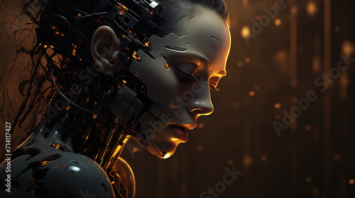 Digital art portraying an android or AI showing human-like emotions, blending artificial and human elements for a thought-provoking scene. #714117427
